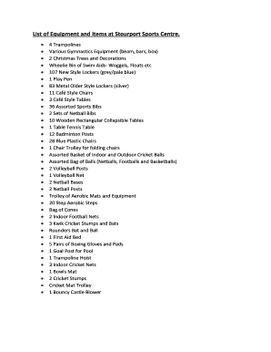 Fillable Online List Of Equipment And Items At Stourport Sports Centre Fax Email Print Pdffiller