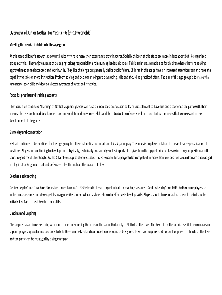 Fillable Online Overview of Junior Netball for Year 5 6 (9 10 year olds) Fax Email Print pdfFiller