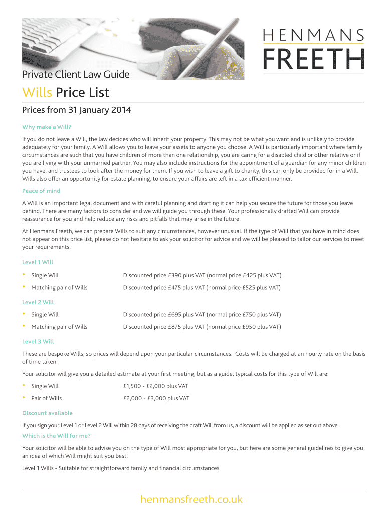 Fillable Online Wills Price List Fax Email Print - pdfFiller