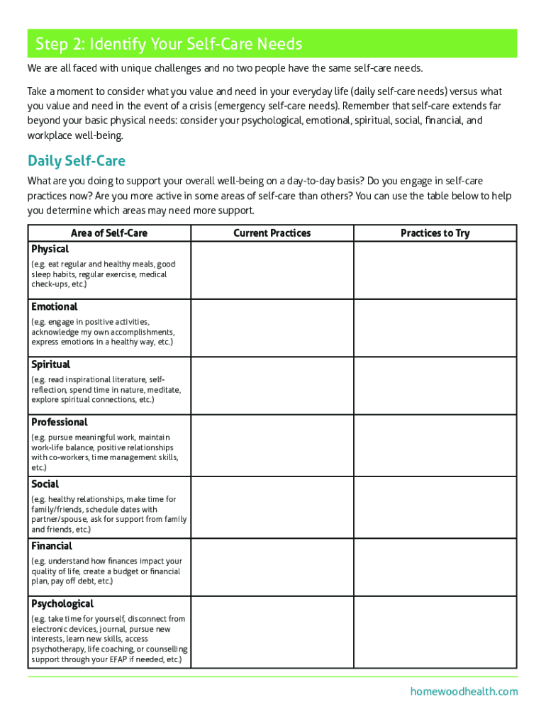 Self Care Plan Fill Online Printable Fillable Blank PdfFiller