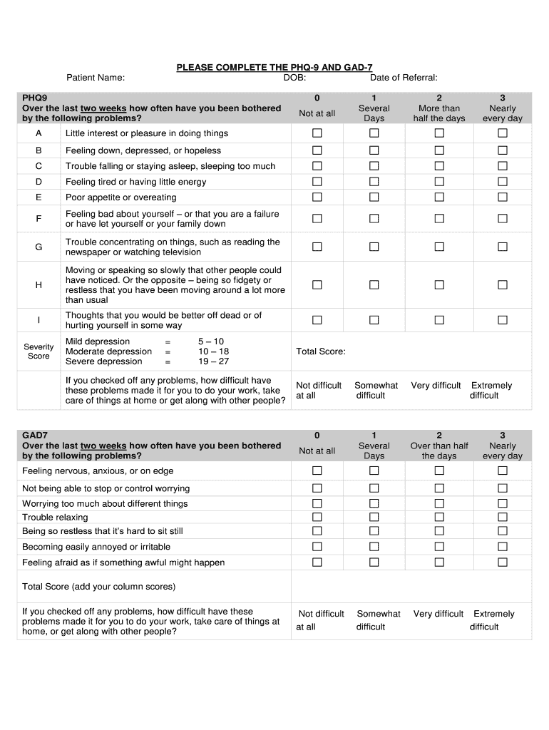 Phq 9 Gad 7 Fill Online Printable Fillable Blank PdfFiller