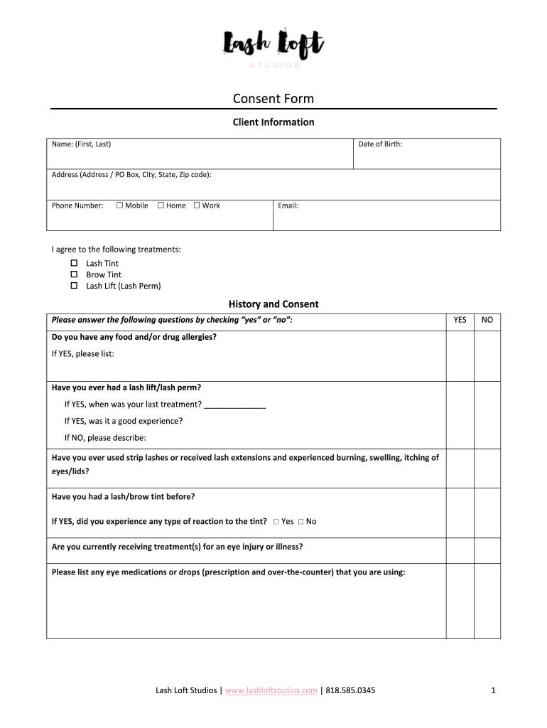Lash Loft Studios Consent Form Fill and Sign Printable Template