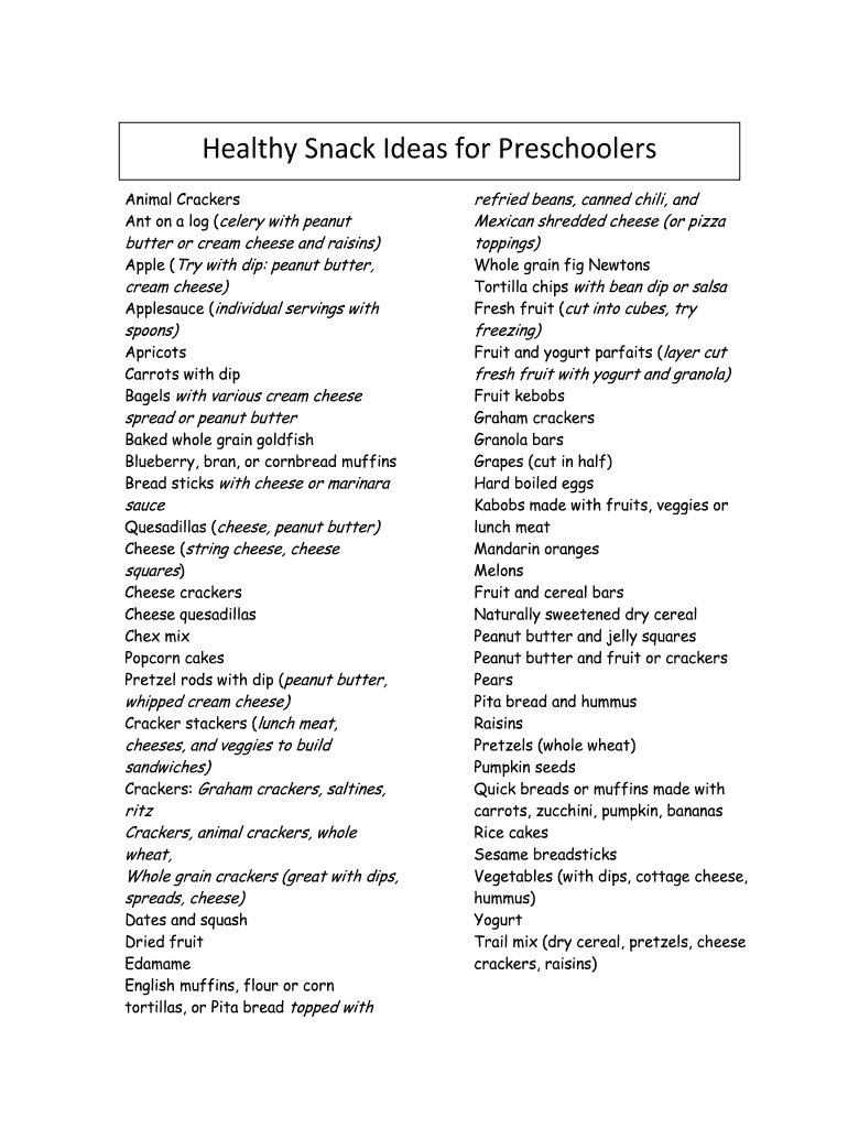 Fillable Online Healthy Snack Ideas for Preschoolers Fax Email Print ...