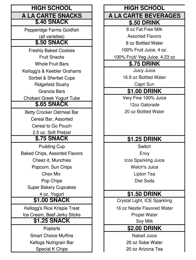 Fillable Online A LA CARTE SNACKS Fax Email Print pdfFiller