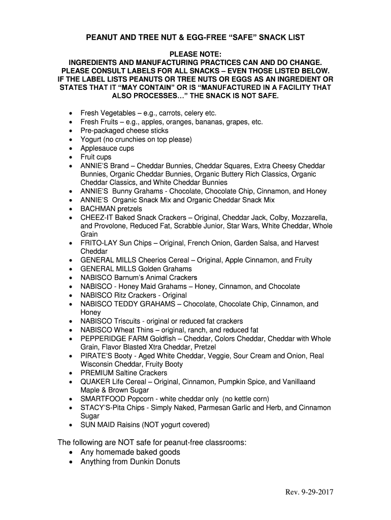 Fillable Online PEANUT AND TREE NUT &amp; EGG-FREE SAFE SNACK LIST Fax ...