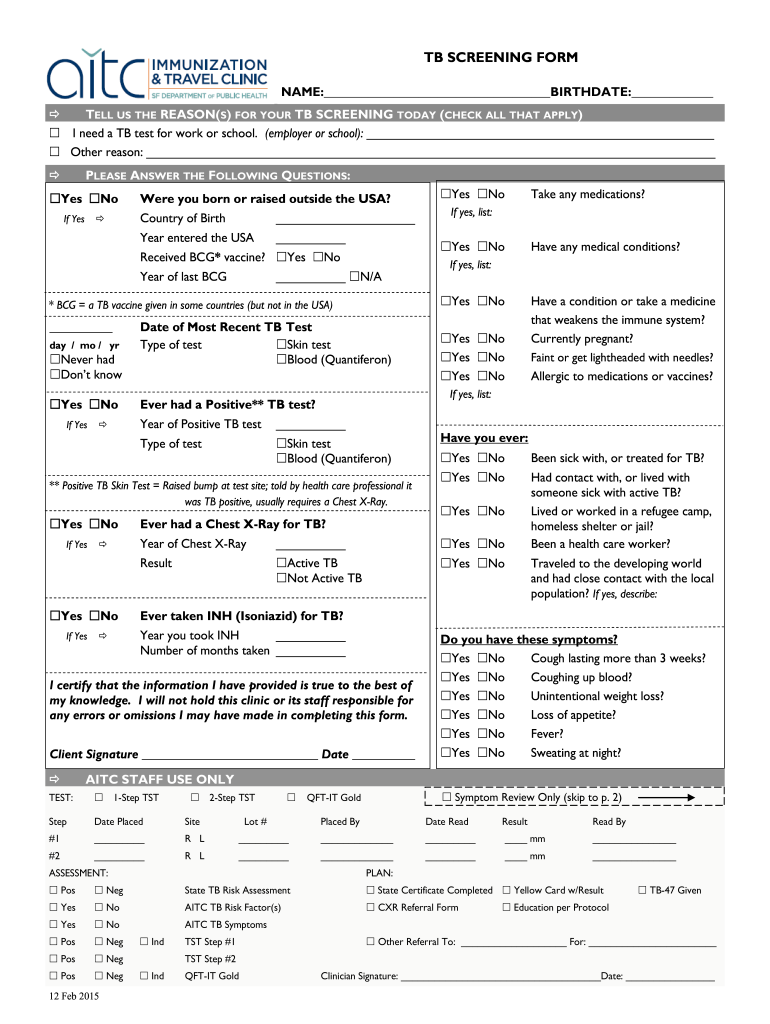 Tb Screening Form Fill Online, Printable, Fillable, Blank pdfFiller