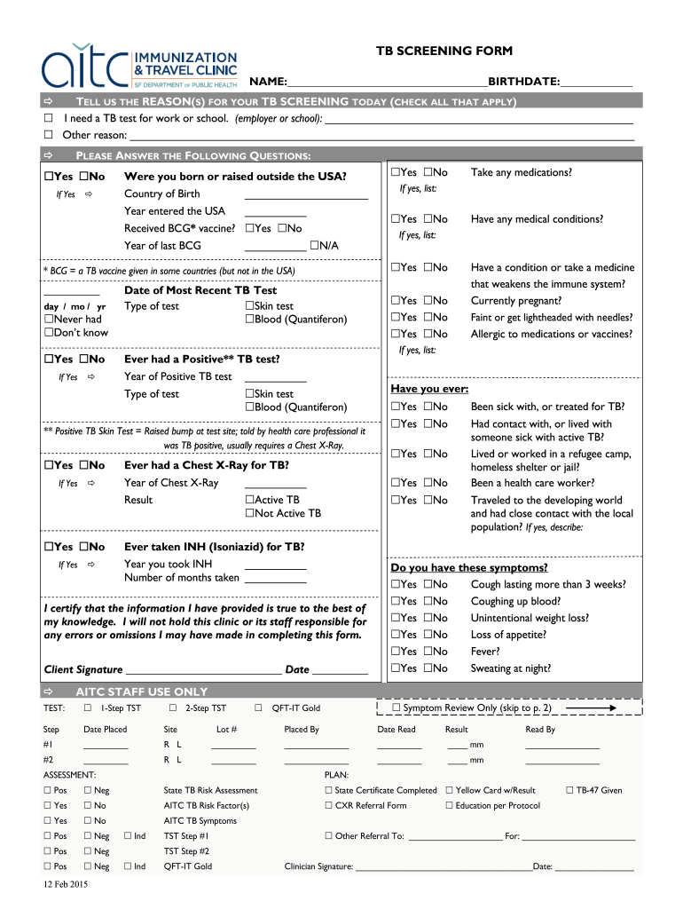 Printable Tb Questionnaire