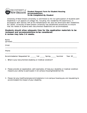 Student Request Form for Student Housing