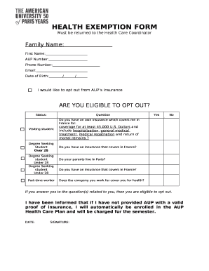 HEALTH EXEMPTION FORM