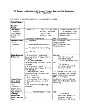 PNC Concurrent Enrollment Program Physics Course Initial Evaluation