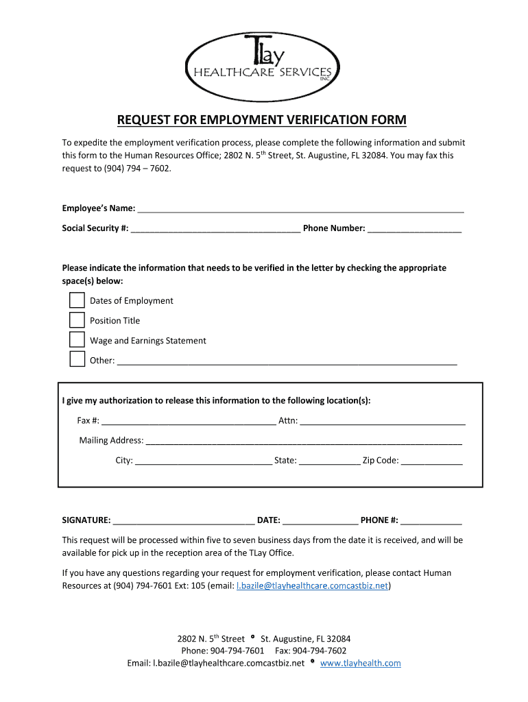 Fillable Online REQUEST FOR EMPLOYMENT VERIFICATION FORM Fax Email
