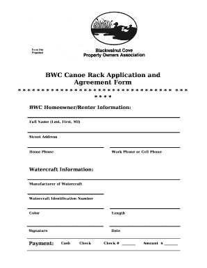BWC Canoe Rack Application and Agreement Form