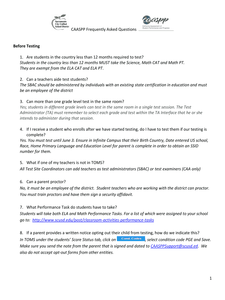 Fillable Online CAASPP Frequently Asked Questions Fax Email Print ...