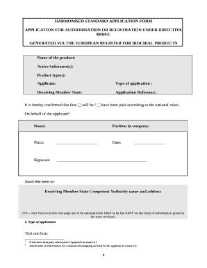 HARMONISED STANDARD APPLICATION FORM