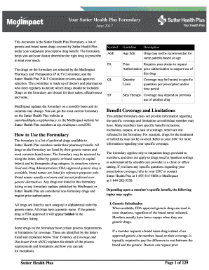 Fillable Online This document is the Sutter Health Plus Formulary, a ...
