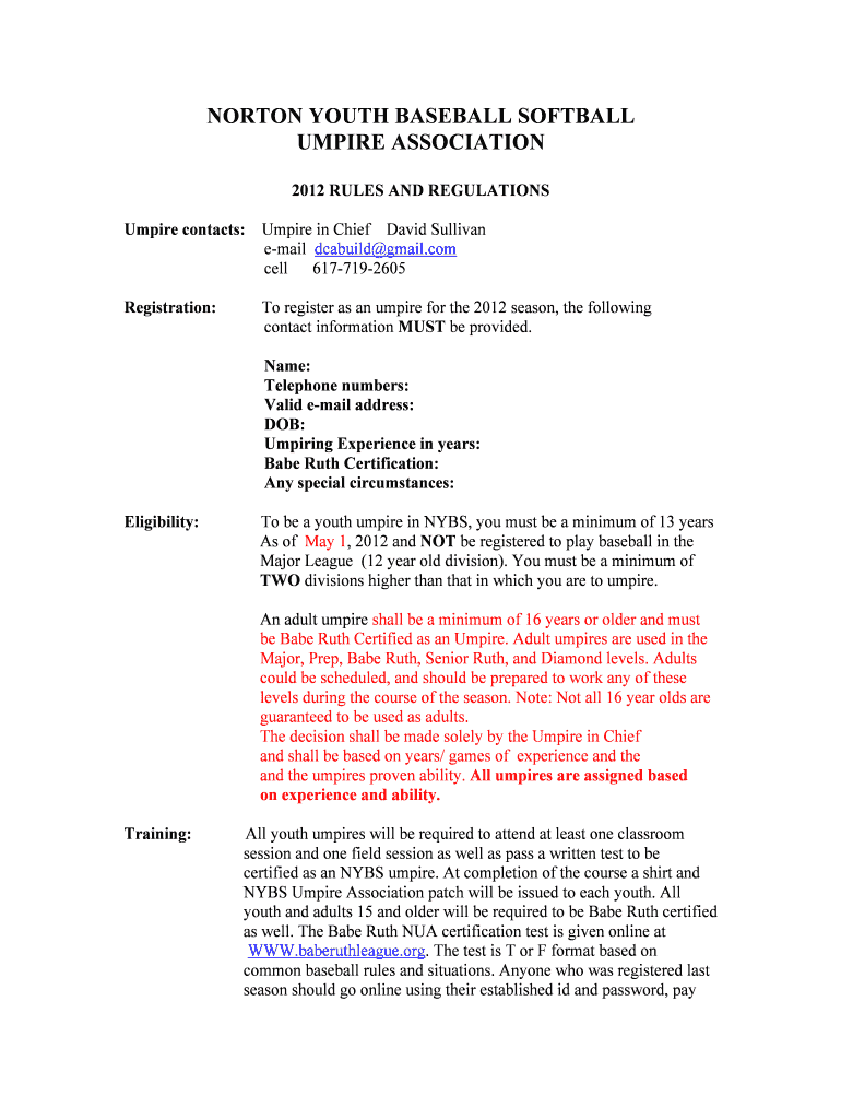 Fillable Online NORTON YOUTH BASEBALL SOFTBALL Fax Email Print pdfFiller