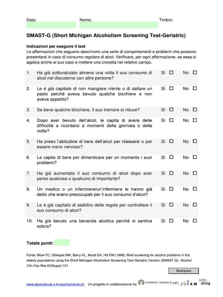 Fillable Online SMASTG (Short Michigan Alcoholism Screening TestGeriatric) Fax Email Print