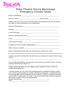 Polka Theatre Drama Workshops Emergency Contact Sheet