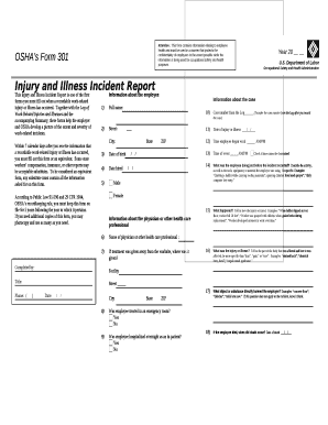 This injury and Illness Incident Report is one of the first forms you must fill out when a recordable work-related injury or illness has occurred