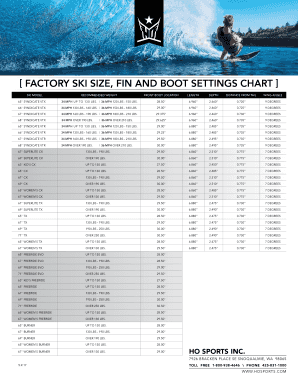 Fillable Online FACTORY SKI SIZE, FIN AND BOOT SETTINGS CHART Fax Email Print - pdfFiller