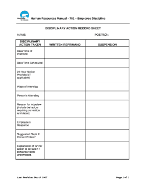 DISCIPLINARY ACTION RECORD SHEET