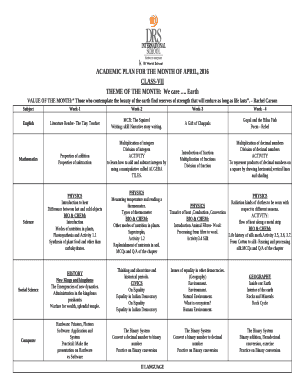 ACADEMIC PLAN FOR THE MONTH OF APRIL, 2016