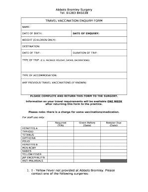 TRAVEL VACCINATION ENQUIRY FORM