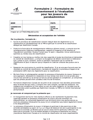 Formulaire 2 - Formulaire de consentement lvaluation pour les joueurs de parabadminton