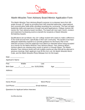 Martin Miracles Teen Advisory Board Mentor Application Form