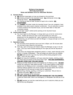 Rules and Release Form for Volunteer Workers