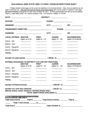 52nd ANNUAL IOWA STATE USBC YA FAMILY DOUBLES REMITTANCE SHEET
