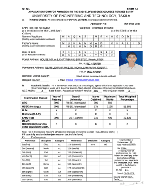 APPLICATION FORM FOR ADMISSION TO THE BACHELORS DEGREE COURSES FOR 2008-ENTRY