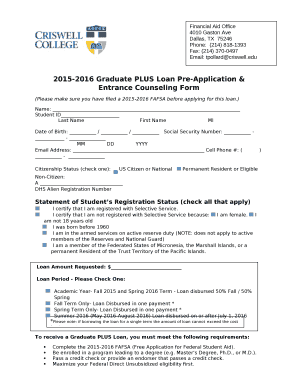 2015-2016 Graduate PLUS Loan Pre-Application & Entrance Counseling Form