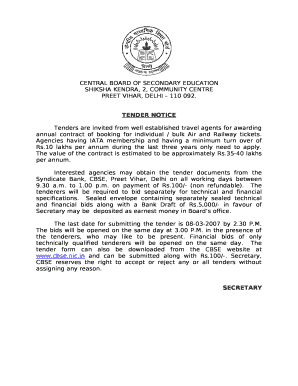 Tenders are invited from well established travel agents for awarding annual contract of booking for individual / bulk Air and Railway tickets