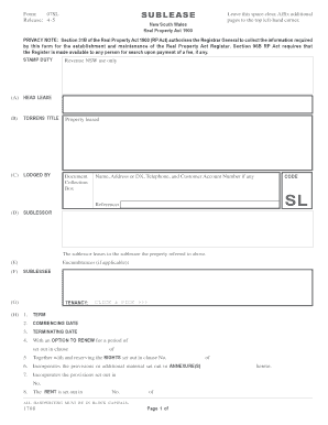 New South Wales Sublease Form 07SL