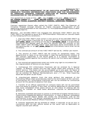 FORM OF CONTRACT/AGREEMENT TO BE EXECUTED BETWEEN THE POST GRADUATE TEACHER (INFORMATION PRACTICES) AND THE GOVERNMENT OF HIMACHAL PRADESH THROUGH DIRECTOR OF HIGHER EDUCATION