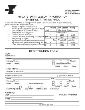 PRIVATE SWIM LESSON INFORMATION SHEET Dr