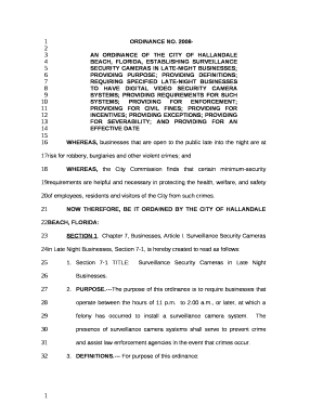 AN ORDINANCE OF THE CITY OF HALLANDALE BEACH, FLORIDA, ESTABLISHING SURVEILLANCE SECURITY CAMERAS IN LATE-NIGHT BUSINESSES; PROVIDING PURPOSE; PROVIDING DEFINITIONS; REQUIRING SPECIFIED LATE-NIGHT BUSINESSES TO HAVE DIGITAL VIDEO SECURITY