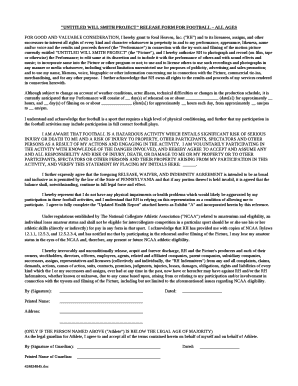 "UNTITLED WILL SMITH PROJECT" RELEASE FORM FOR FOOTBALL ALL AGES