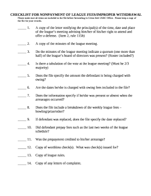 CHECKLIST FOR NONPAYMENT OF LEAGUE FEES/IMPROPER WITHDRAWAL