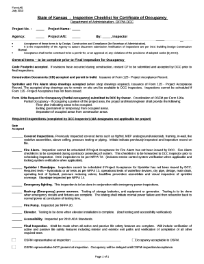 State of Kansas-Inspection Checklist for Certificate of Occupancy Doc ...