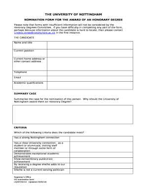 NOMINATION FORM FOR THE AWARD OF AN HONORARY DEGREE