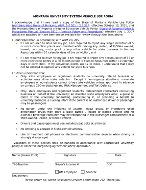 MONTANA UNIVERSITY SYSTEM VEHICLE USE FORM