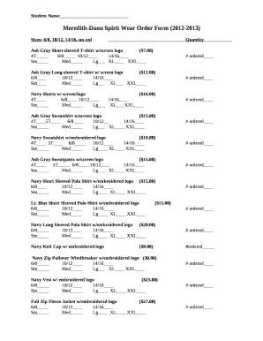 Meredith-Dunn Spirit Wear Order Form (2012-2013)