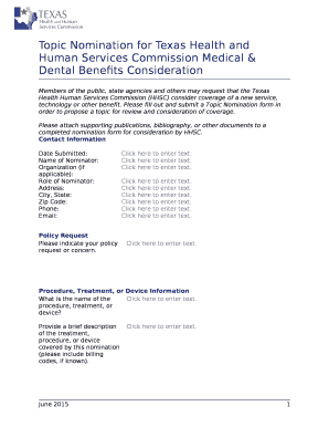 Topic Nomination for Texas Health and Human Services Commission Medical & Dental Benefits Consideration