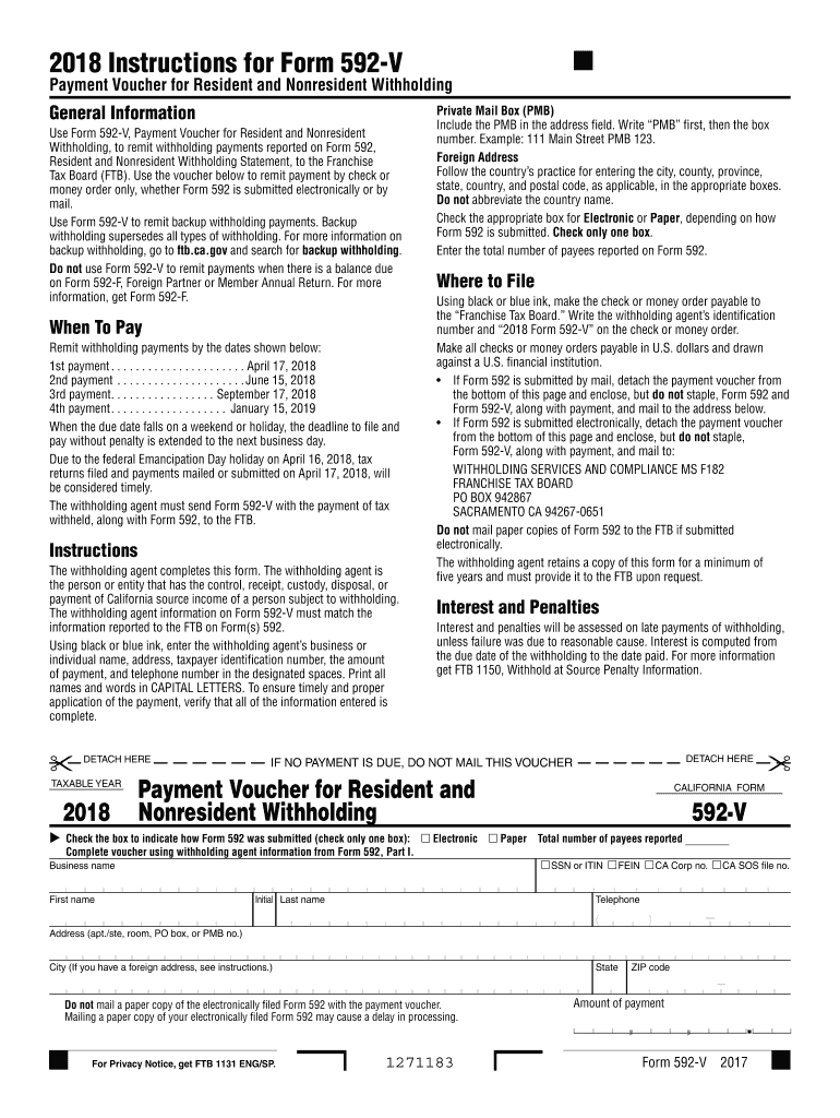 2018 Form 592 V, Payment Voucher for Resident and Nonresident Withholding 2018 Form 592 V, Payment V Preview on Page 1