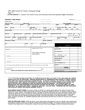 Contract Tow Invoice Form, with Inventory section and Important Rights Information