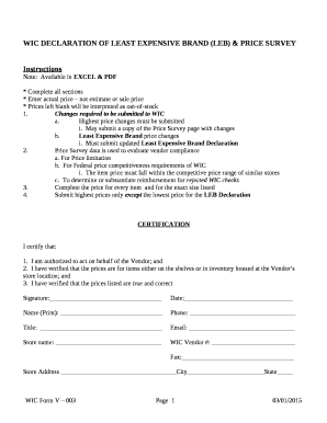 WIC DECLARATION OF LEAST EXPENSIVE BRAND (LEB) & PRICE SURVEY