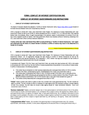 FORM I: CONFLICT OF INTEREST CERTIFICATION AND