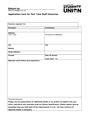 Application Form for Part Time Staff Vacancies